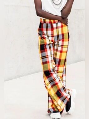 FREE PEOPLE Jules Plaid Wide Leg Flare Trouser Pant in Blackbird Combo